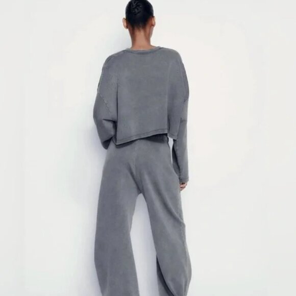 Zara Distressed Wide Leg Pull-On Gray Sweatpants Women Sz S - Picture 7 of 8